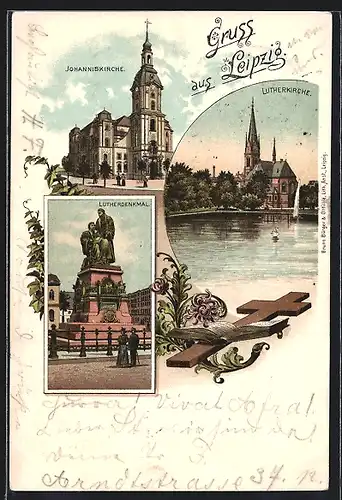 Lithographie Leipzig, An der Johanniskirche, Lutherdenkmal