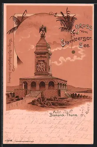 Lithographie Starnberg, Blick zum Bismarck-Turm