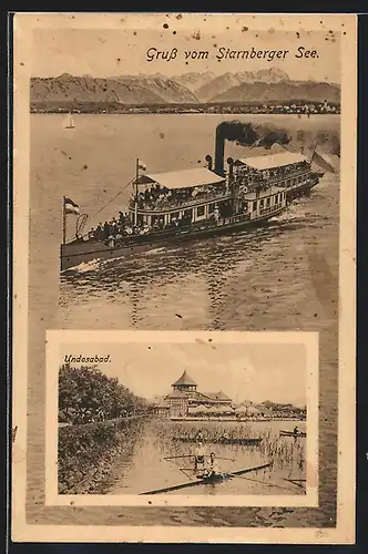 AK Starnberg, Undosabad, Dampfer auf dem Starnberger See
