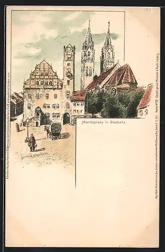 Lithographie Oschatz, Marktplatz mit Kirche und Planwagen