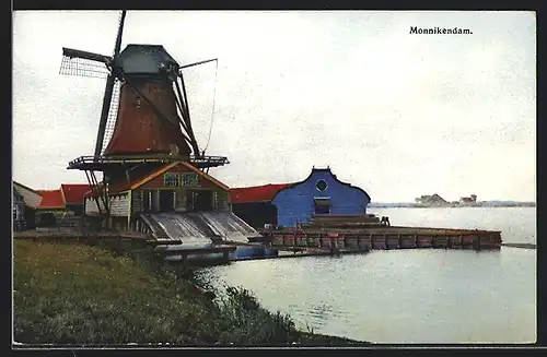 Künstler-AK Photochromie Nr. 2932: Monnikendam, Mühle mit Uferpartie