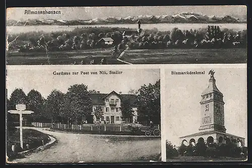 AK Allmannshausen, Totalansicht, Gasthaus zur Post, Bismarckdenkmal