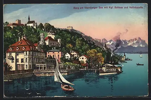 AK Berg am Starnberger See, Seehotel mit Königlichem Schloss und Votivkapelle