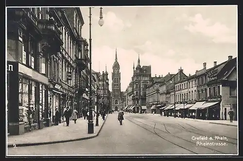 AK Krefeld a. Rhein, Rheinstrasse mit Geschäften