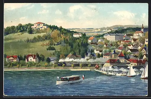 Künstler-AK Starnberg, Ortsansicht mit Undosabad und Booten