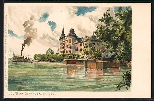 Lithographie Berg / Starnberger See, Hotel Leoni mit Dampfer bei der Abfahrt