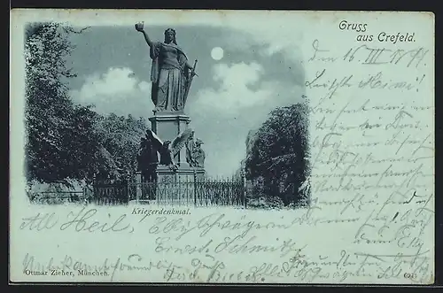 Mondschein-AK Krefeld, Kriegerdenkmal