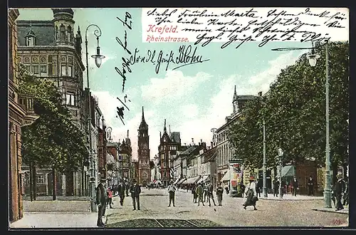 AK Krefeld, Rheinstrasse mit Litfasssäule
