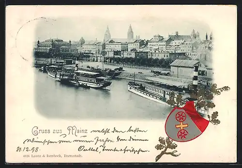 AK Mainz, Dampfer an der Anlegestelle, Wappen
