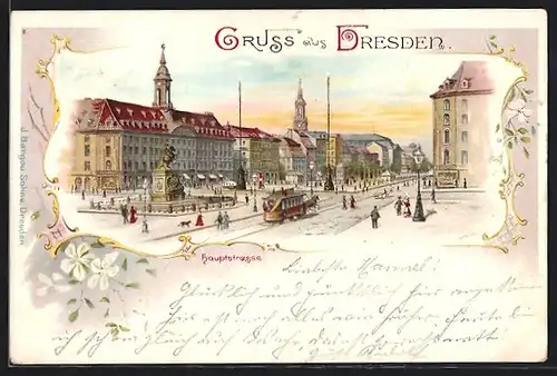 Lithographie Dresden-Neustadt, Hauptstrasse mit Denkmal und Strassenbahn