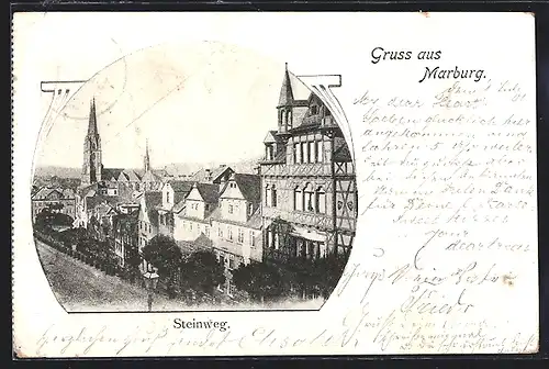 AK Marburg, Strasse Steinweg mit Kirche