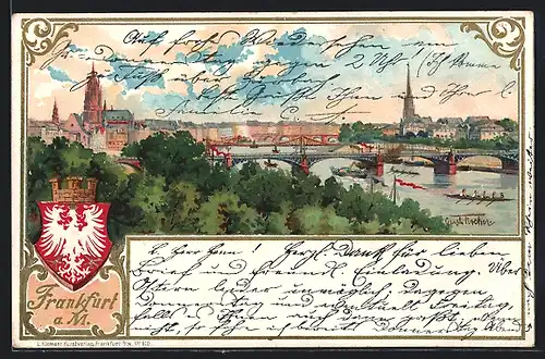 Lithographie Frankfurt, Partie am Main mit Prägewappen