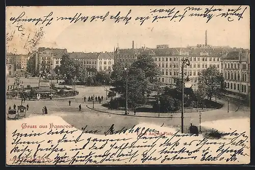 AK Hannover, Ernst-August-Platz mit Hotel Bristol und Denkmal