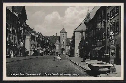 AK Villingen, Obere Strasse mit Narrobrunnen, Strassenpartie