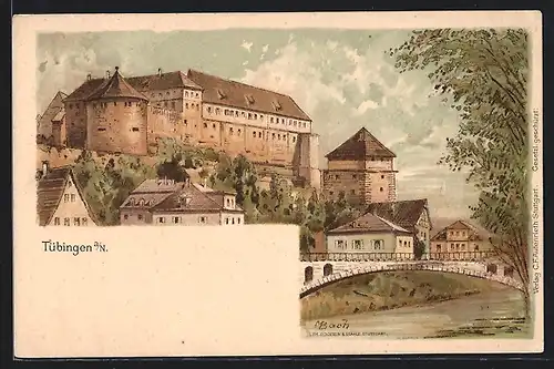 Lithographie Tübingen, Ortspartie mit Burg und Brücke