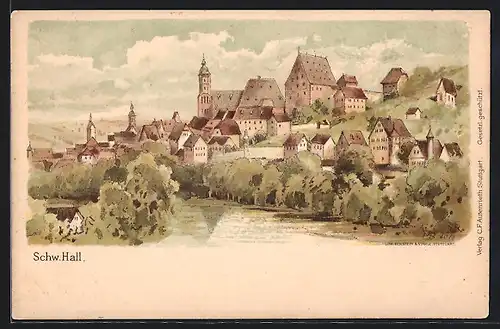 AK Schw. Hall, Ortsansicht mit Kirche