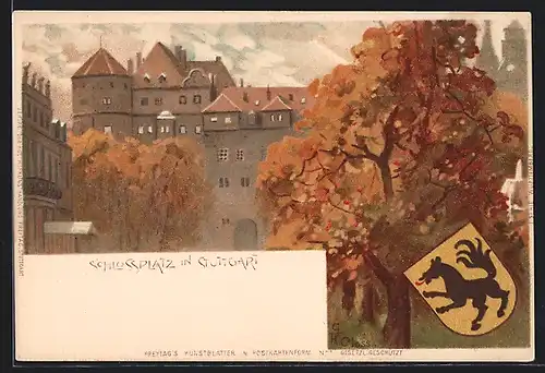 Lithographie Stuttgart, Partie am Schlossplatz, Wappen