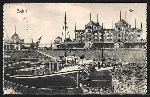 AK Crefeld, Hafen mit Booten