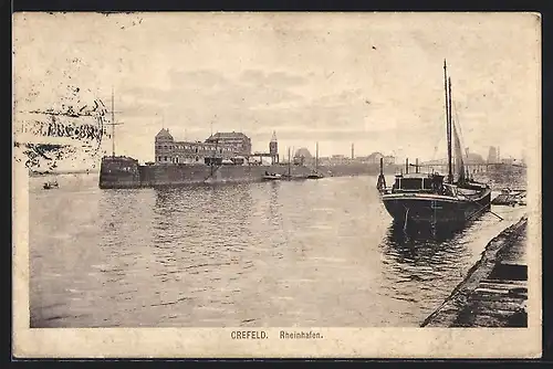 AK Crefeld, Rheinhafen mit Schiff