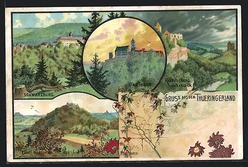 Lithographie Eisenach, Wartburg, Rudelsburg, Schwarzburg, Drei Gleichen