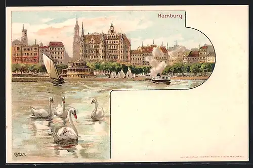 Lithographie Hamburg-Neustadt, Schwäne auf der Binnenalster, Blick zum Jungfernstieg