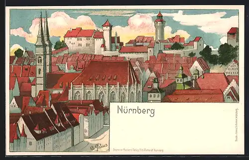 Lithographie Nürnberg, Teilansicht mit Burg