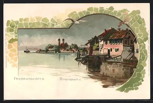 Lithographie Friedrichshafen, Strandpartie mit Restaurant