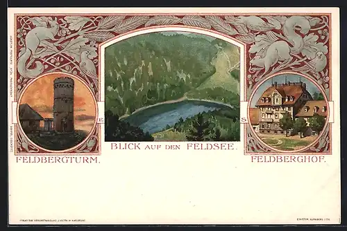 Lithographie Feldberg, Feldbergturm, Blick auf den Feldsee, Gasthaus Feldberghof