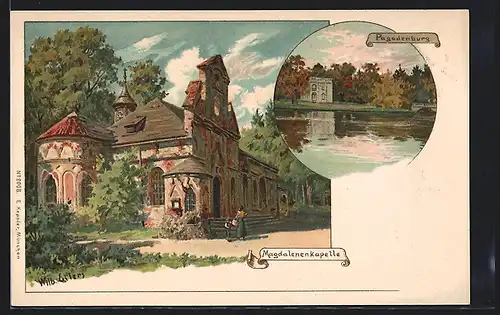 Lithographie München-Nymphenburg, Magdalenenkapelle und Pagodenburg