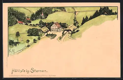 Künstler-Lithographie Höllsteig, Blick auf den Ort