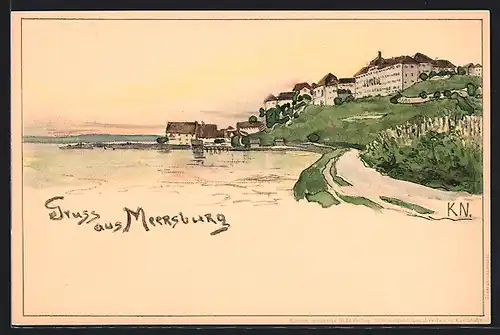 Künstler-Lithographie Meersburg, Blick zum Ort