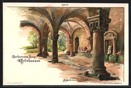 Künstler-AK Gelnhausen, Teilansicht der Barbarossa Burg