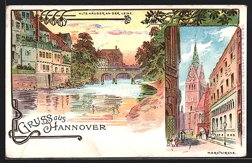 Lithographie Hannover, Marktkirche, Alte Häuser an der Leine
