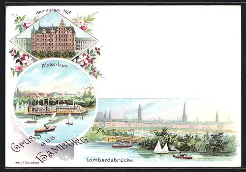 Lithographie Hamburg-St.Georg, Hotel Hamburger Hof an der Alster, Alster-Lust, Lombardsbrücke, Dampfer, Segelboote