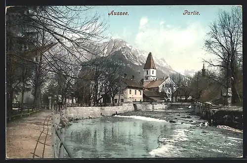 AK Bad Aussee, Flusspartie mit Sicht zur Kirche