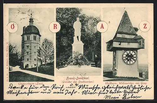 AK Graz, Uhrturm, Glockenturm, Frank-Denkmal