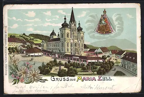 Lithographie Maria Zell, Wallfahrtskirche, Gnadenbild