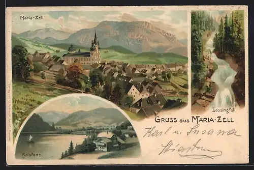 Lithographie Maria-Zell, Erlafsee, Lassingfall, Totalansicht vom Hügel aus