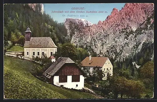 AK Johnsbach im Gesäuse, Ortspartie mit Kirche und dem Grossen Buchstein