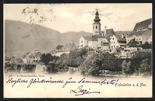 AK Frohnleiten a. d. Mur, Uferpartie mit Kirche