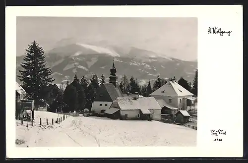 AK St. Wolfgang, Ortspartie mit Kirche im Schnee