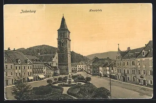 AK Judenburg, Hauptplatz mit Turm und Brunnen