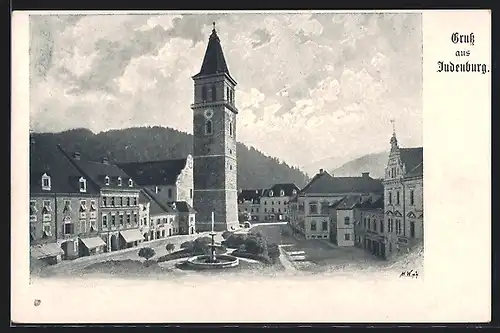 AK Judenburg, Strassenpartie mit Turm und Brunnen