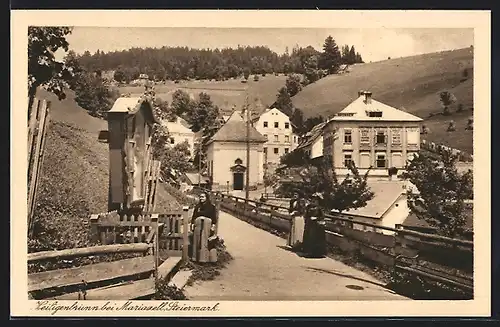 AK Mariazell, Heiligenbrunn, Bildstock mit Ortsansicht
