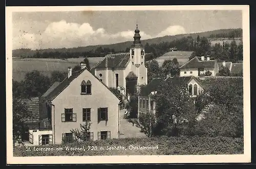 AK St. Lorenzen am Wechsel, Ortsansicht mit Blick auf die kleine Kirche