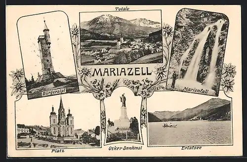 AK Mariazell, Bürgeralp, Platz mit Kirche, Marienfall
