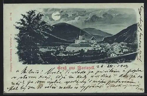 Mondschein-AK Mariazell, Ortsansicht bei Vollmond