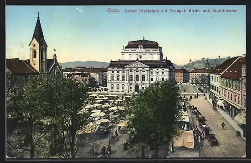 AK Graz, Kaiser Josefplatz mit ev. Kirche, Marktbetrieb und Stadttheater
