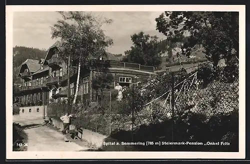 AK Spital a. Semmering, Pension Onkel Fritz, mit Strasse und Garten