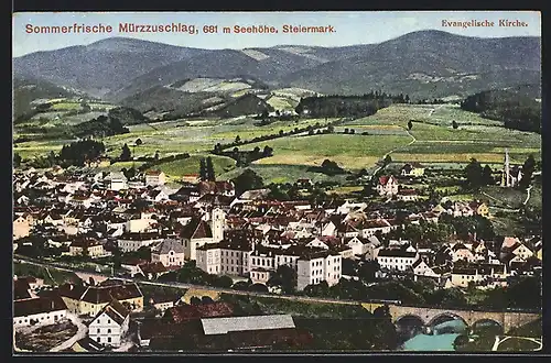 AK Mürzzuschlag, Ortsansicht mit ev. Kirche und Bergpanoprama